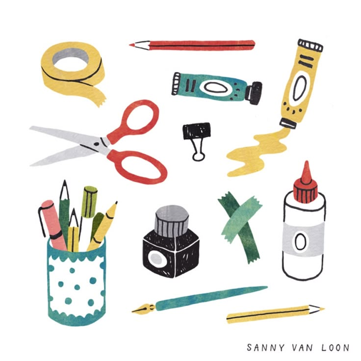 an assortment of art supplies are shown on a white background with the words sanny van loon