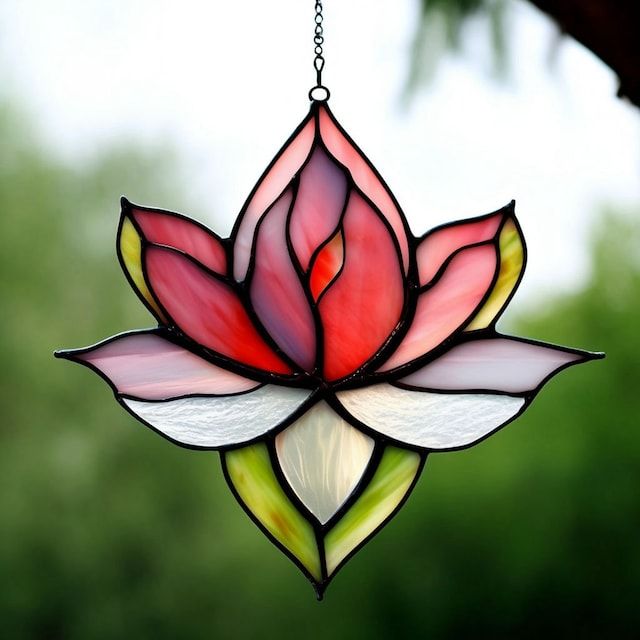 a stained glass flower hanging from a chain