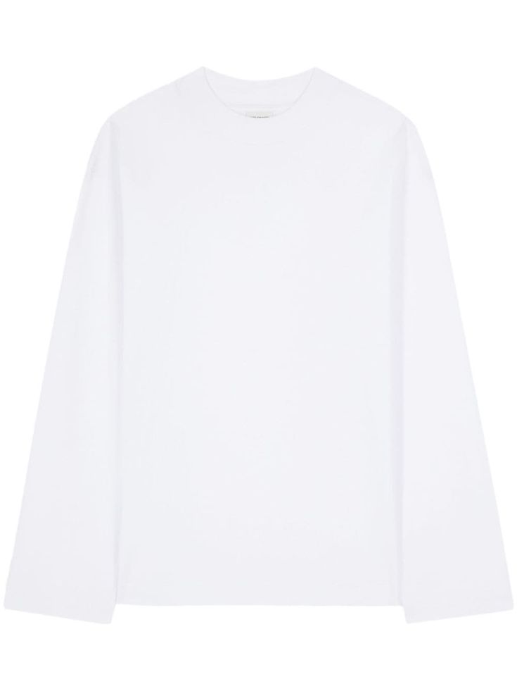 white cotton jersey texture mock neck drop shoulder long sleeves straight hem Classic Oversized Turtleneck Top, Oversized Classic Turtleneck Top, Classic White Long Sleeve Turtleneck, Classic White Turtleneck With Ribbed Cuffs, Relaxed Fit Long Sleeve Turtleneck For Work, White Long Sleeve Turtleneck For Work, White Long Sleeve Turtleneck With Ribbed Cuffs, White Funnel Neck Tops With Ribbed Cuffs, Classic White Turtleneck Top