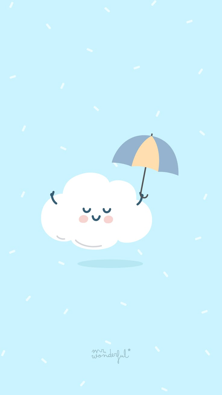 a cartoon cloud with an umbrella floating in the air over it's head, on a blue background