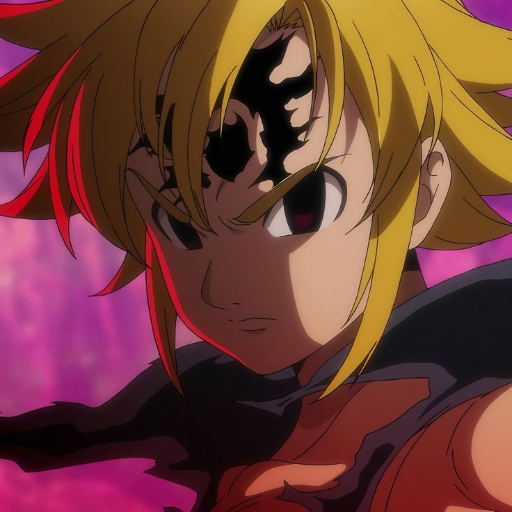 an anime character with blonde hair and black eyes looking at the camera, in front of a purple background