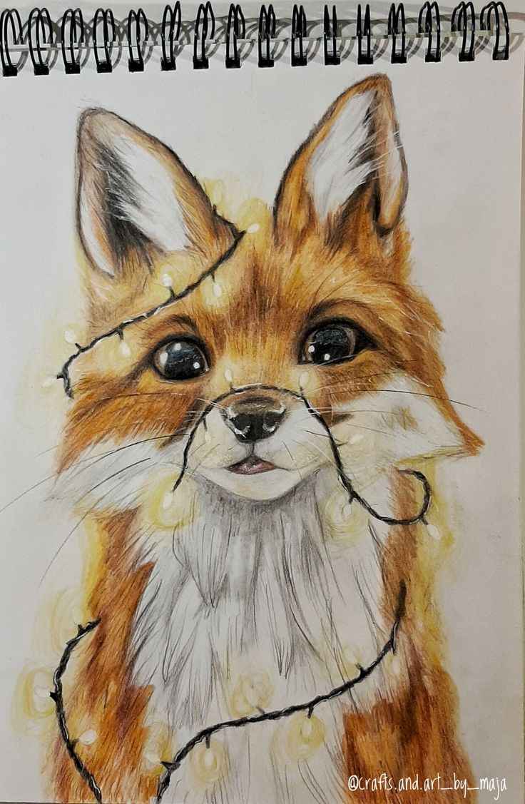 a drawing of a fox with string lights around its neck and eyes, looking to the side