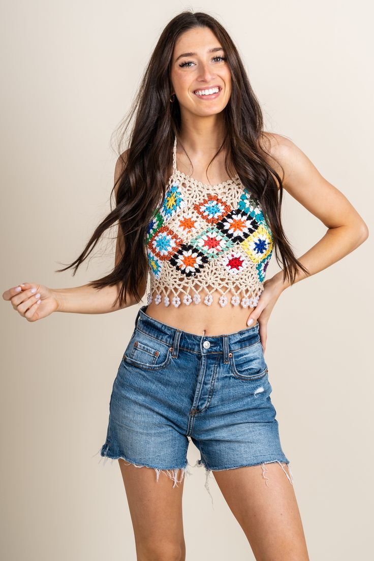 Crochet knit top from Lush Fashion Lounge women's boutique in Oklahoma City. Lush boutique in OKC has a variety of cute tops and more! This crochet top is perfect for Summer! Model is 5'7 size 24. 100% acrylic Trendy Crochet Lace Tops For Spring, Casual Knit Tank Top With Crochet Lace, Fitted Crochet Trim Crop Top, Beige Stretch Top With Crochet Lace, Fitted Cropped Tops With Crochet Trim, Trendy Fitted Top With Crochet Lace, Trendy Fitted Tops With Crochet Lace, Trendy Fitted Tops With Crochet Trim, Spring Crochet Trim Crop Top