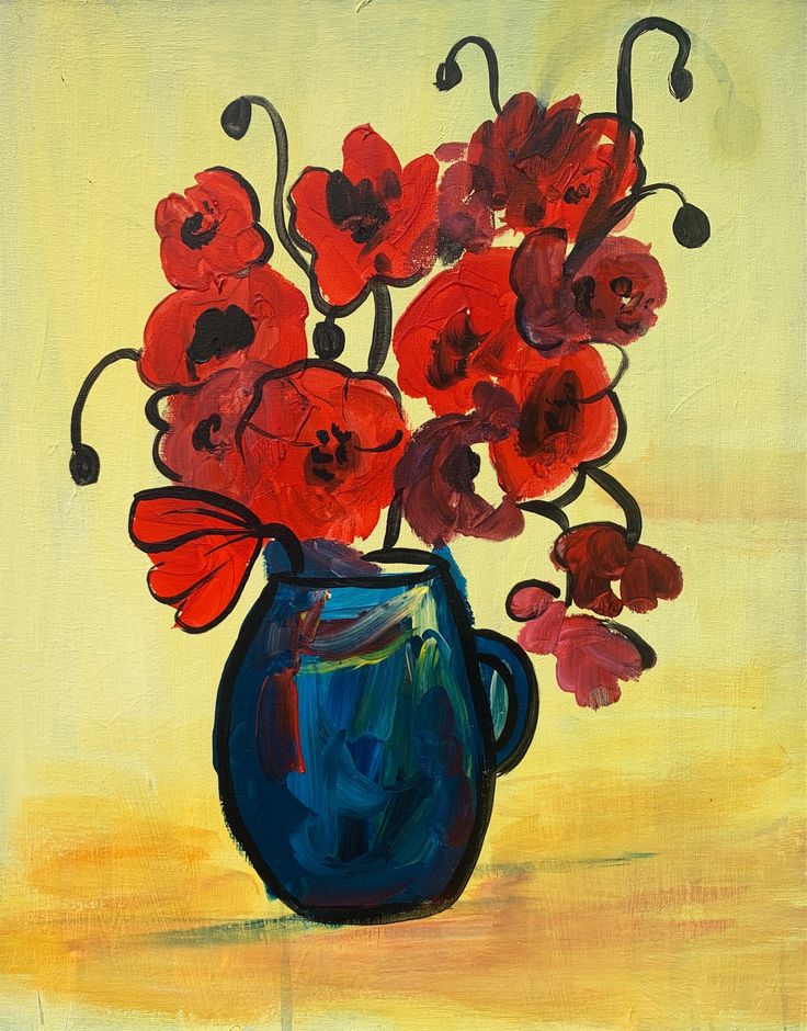 an oil painting of red flowers in a blue vase on a yellow and brown background