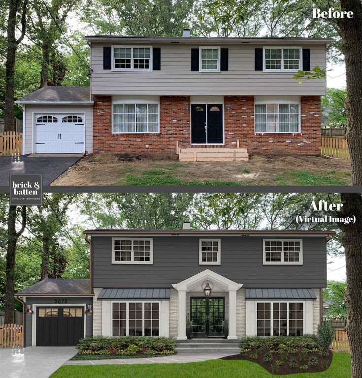 before and after pictures of a two story house