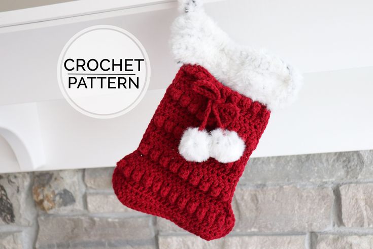 a crocheted christmas stocking hanging from a mantel with the words crochet pattern on it