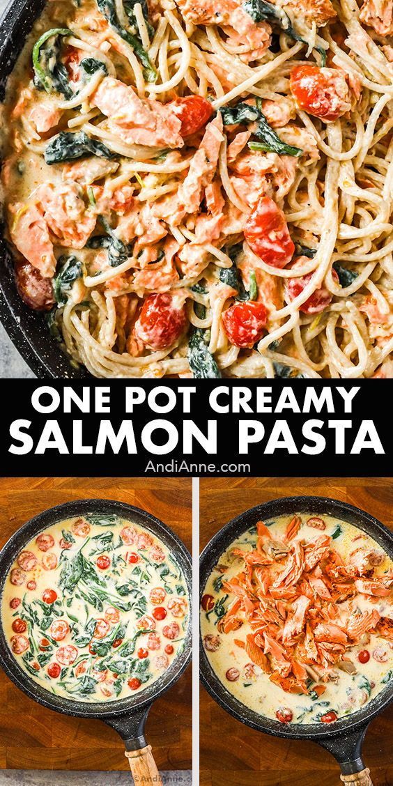 one pot creamy salmon pasta with spinach and tomatoes