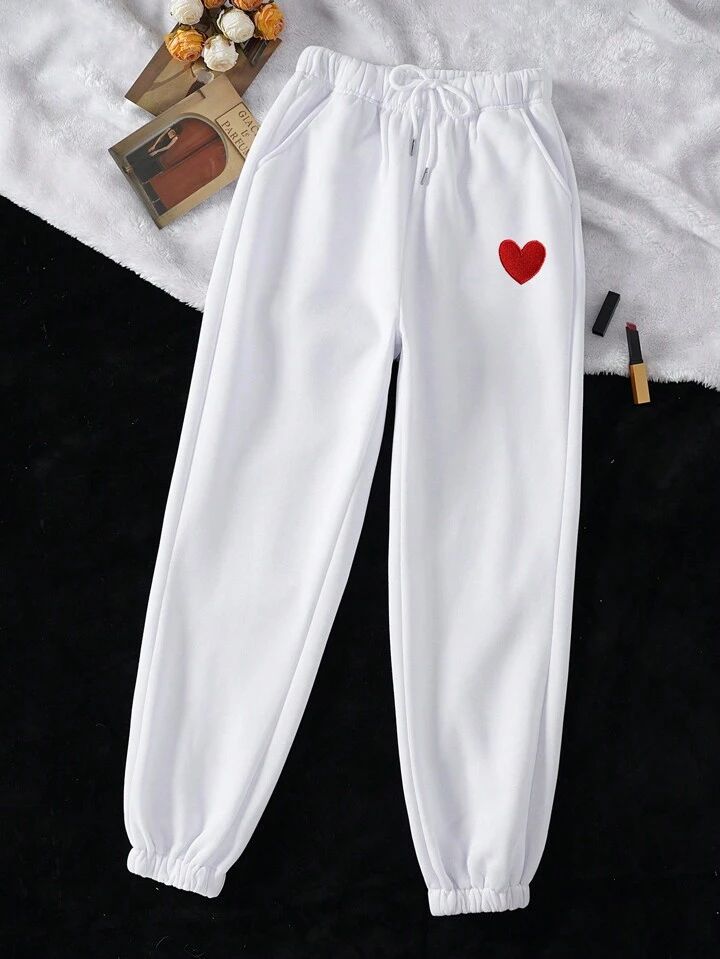 SHEIN EZwear Heart Embroidery Drawstring Waist Sweatpants | SHEIN USA Sweatpants Shein, Women Sweatpants, Heart Embroidery, Womens Sweatpants, Drawstring Waist, Sweatpants, Embroidery, Free Shipping, Tracksuit Bottoms