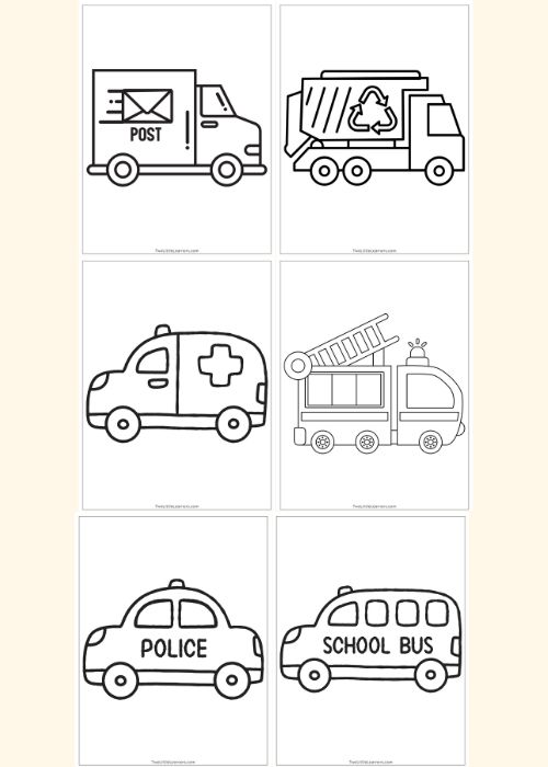 four different coloring pages with cars and trucks