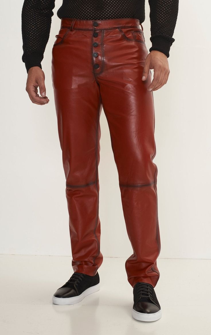 Genuine Lambskin Leather Pants - RED TINT - Ron Tomson Fall Leather Straight Pants, Fall Leather Pants With Belt Loops And Straight Leg, Leather Tapered Leg Pants With Pockets, Leather Pants With Belt Loops And Tapered Leg, Tapered Leg Leather Pants With Belt Loops, Tapered Leather Pants With Belt Loops, Luxury Leather Pants For Fall, Luxury Leather Straight Pants, Full Length Leather Pants With Belt Loops For Fall