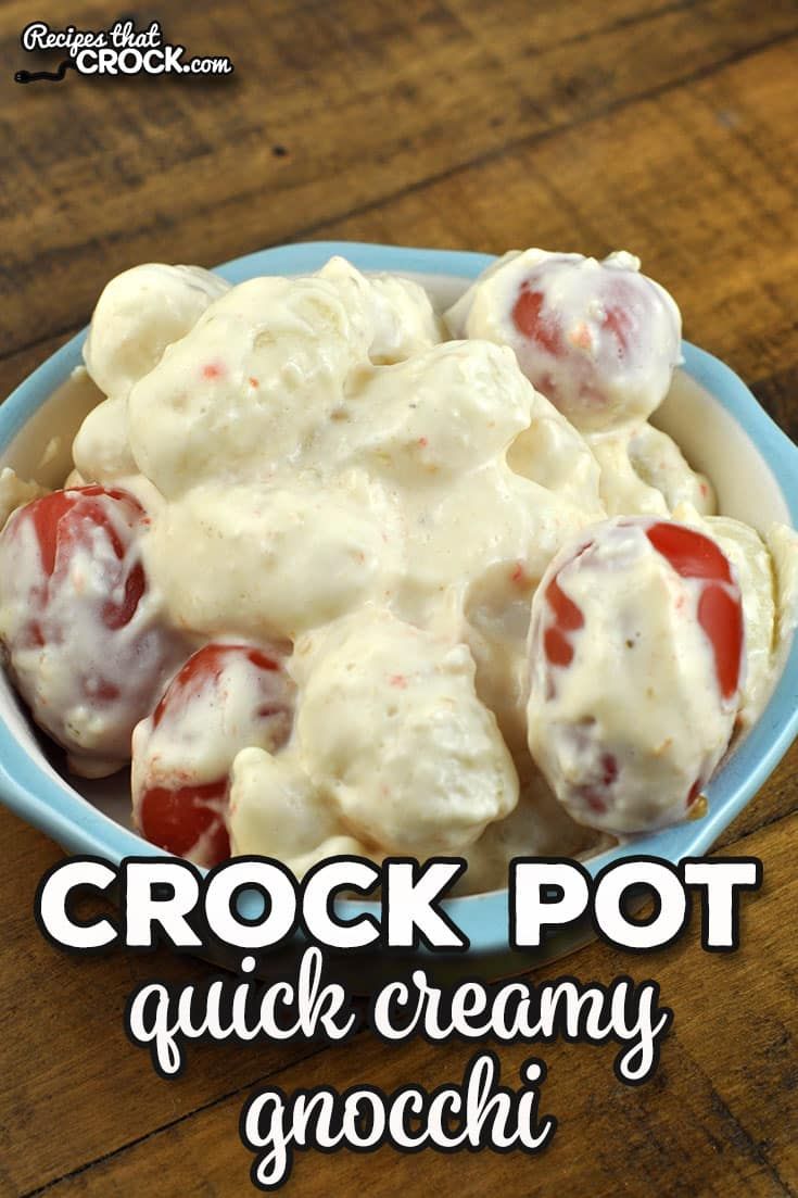 crock pot quick creamy gnocchi recipe in a blue bowl on a wooden table