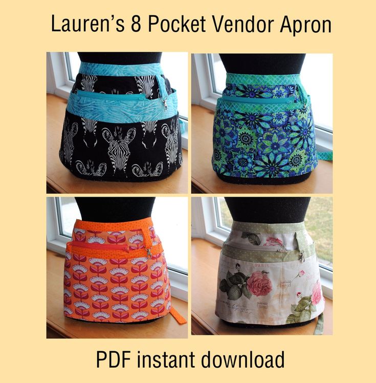 four different styles of skirts on display in front of a window with the words lauren's 8 pocket vendor apron