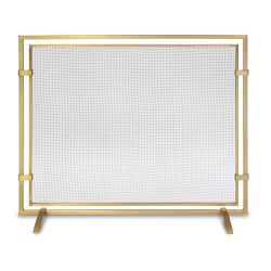 a gold metal fireplace screen with white mesh on the front and sides, against a white background