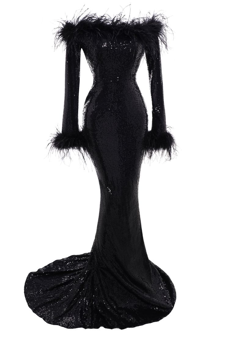 Elegant Sequin Feather Mermaid Dress | Black | 3 Black Gown With Feathers, Long Black Dress With Feathers, Unique Black Dress Long, Black Feather Dress Long, 1920s Feather Dress, Ball Room Dress To Impress, Masquerade Dress Ideas, Masquerade Outfit Ideas For Women, Feather Dress Long