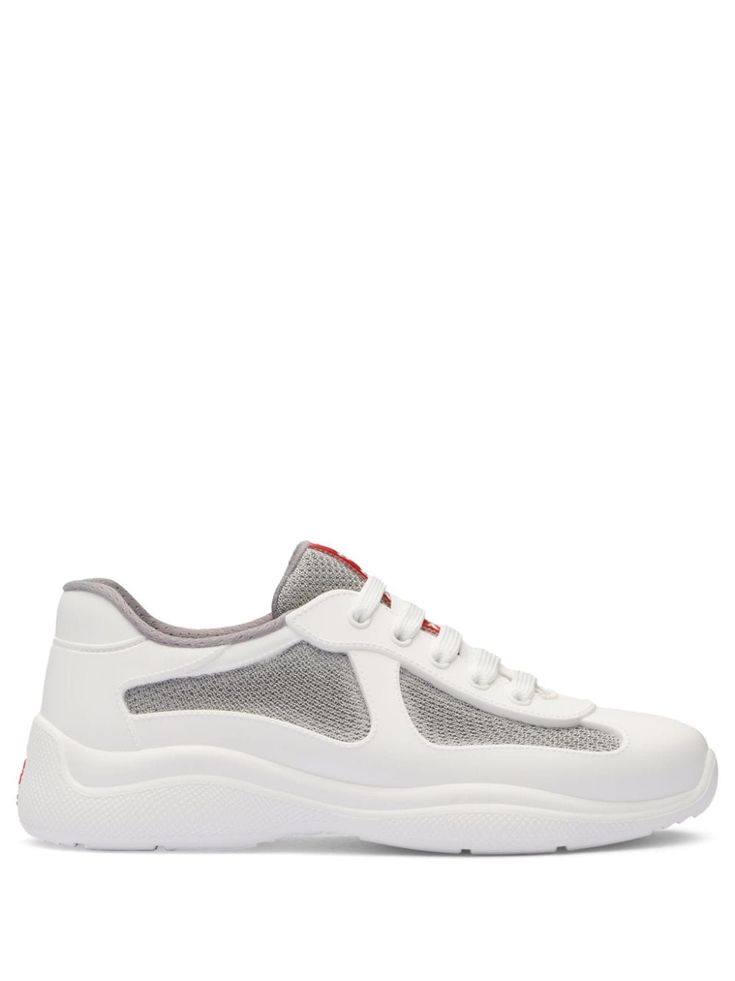 white/medium grey colour-block panelled design mesh panelling appliqué logo round toe front lace-up fastening branded insole rubber sole White Lace-up Running Shoes With Perforated Toe Box, White High-top Running Shoes With Textured Sole, White High-top Chunky Sneakers With Perforated Toe Box, White Chunky Sneakers With Perforated Toe Box For Sports, White Mesh Sneakers With Rubber Sole, White Running Sneakers With Rubber Sole, Functional White Leather Running Shoes, White Leather Running Shoes With Textured Sole, Gray Functional Sneakers With Textured Sole