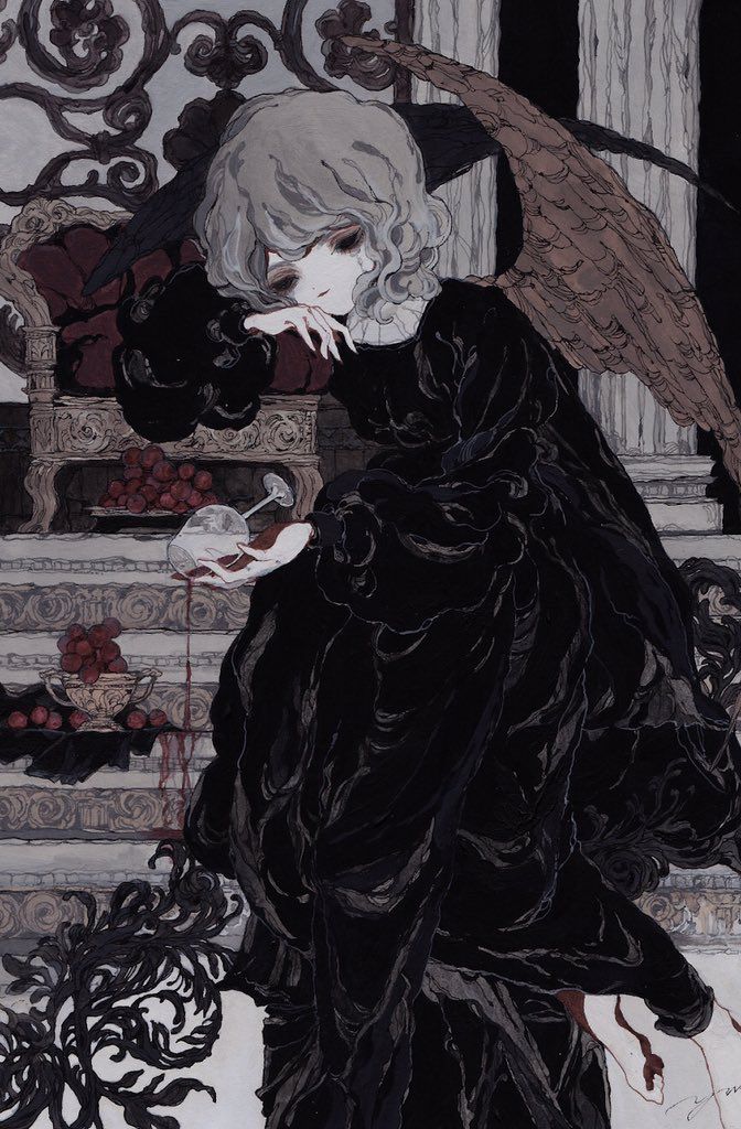 a painting of a woman in black holding an umbrella over her head while sitting on some steps