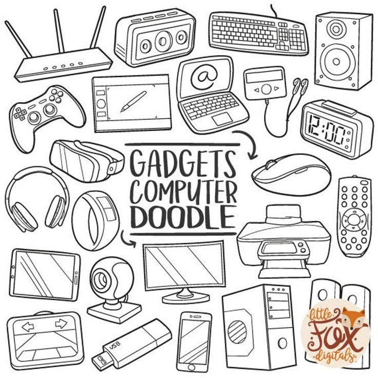 the gadgets computer doodle is drawn in black and white, with different types of computers