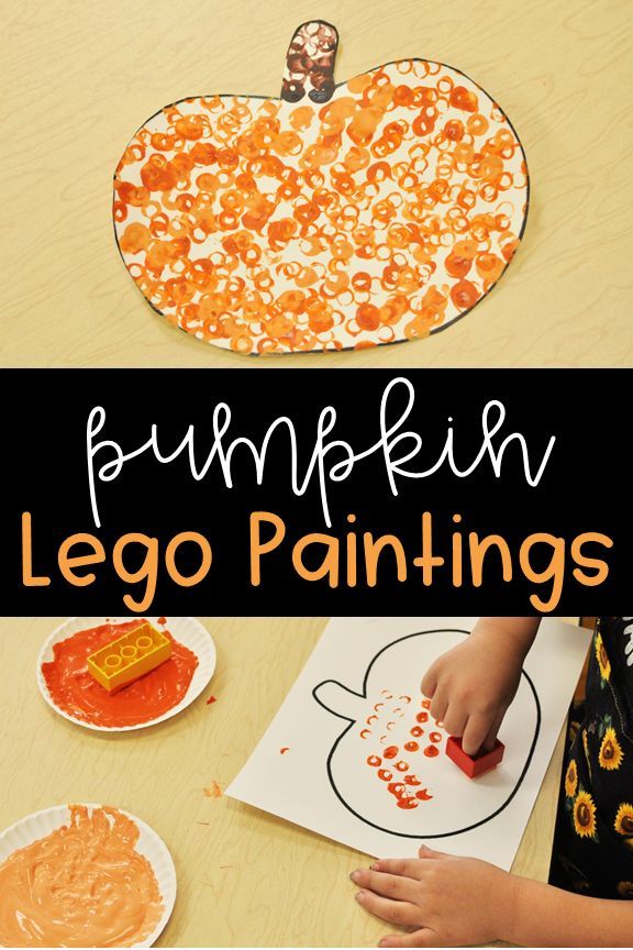 pumpkin lego painting for kids to paint on the table with text overlay that reads pumpkin lego paintings