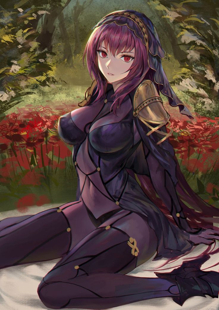 an anime character sitting on the ground in front of some trees and flowers, with her arms around her body