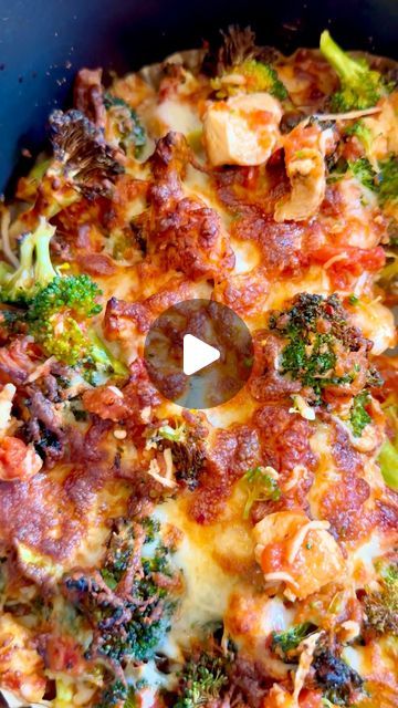 broccoli and shrimp casserole in a skillet with a video playing