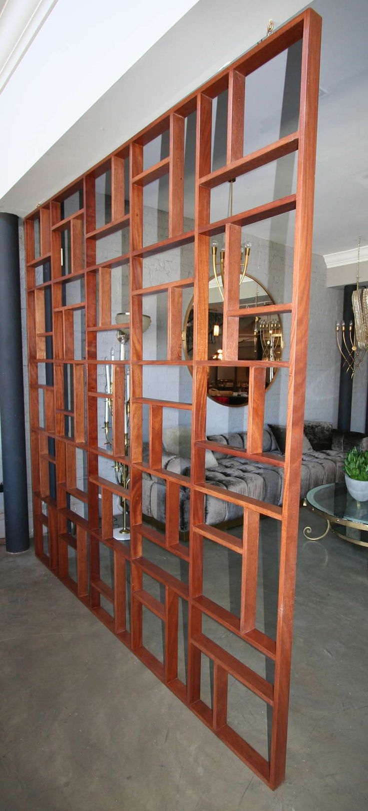 Walnut Custom Midcentury Style Geometric Room Divider For Sale Retro Room Divider, Partition Entryway, Mcm Room Divider, Wooden Screen Divider, Bookshelf Divider, Room Dividers Ideas, Mid Century Modern Room Dividers, Divider Shelves, Mid Century Shelves