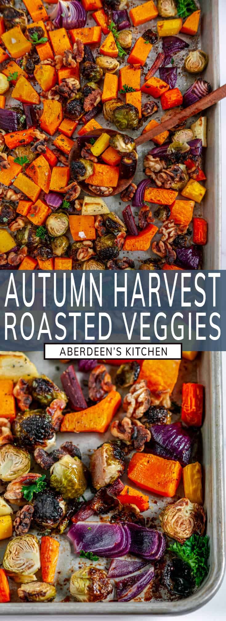 an oven full of roasted veggies and carrots with the words autumn harvest roasted veggies above it