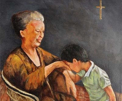 a painting of an older woman and young boy sitting on a chair in front of a cross