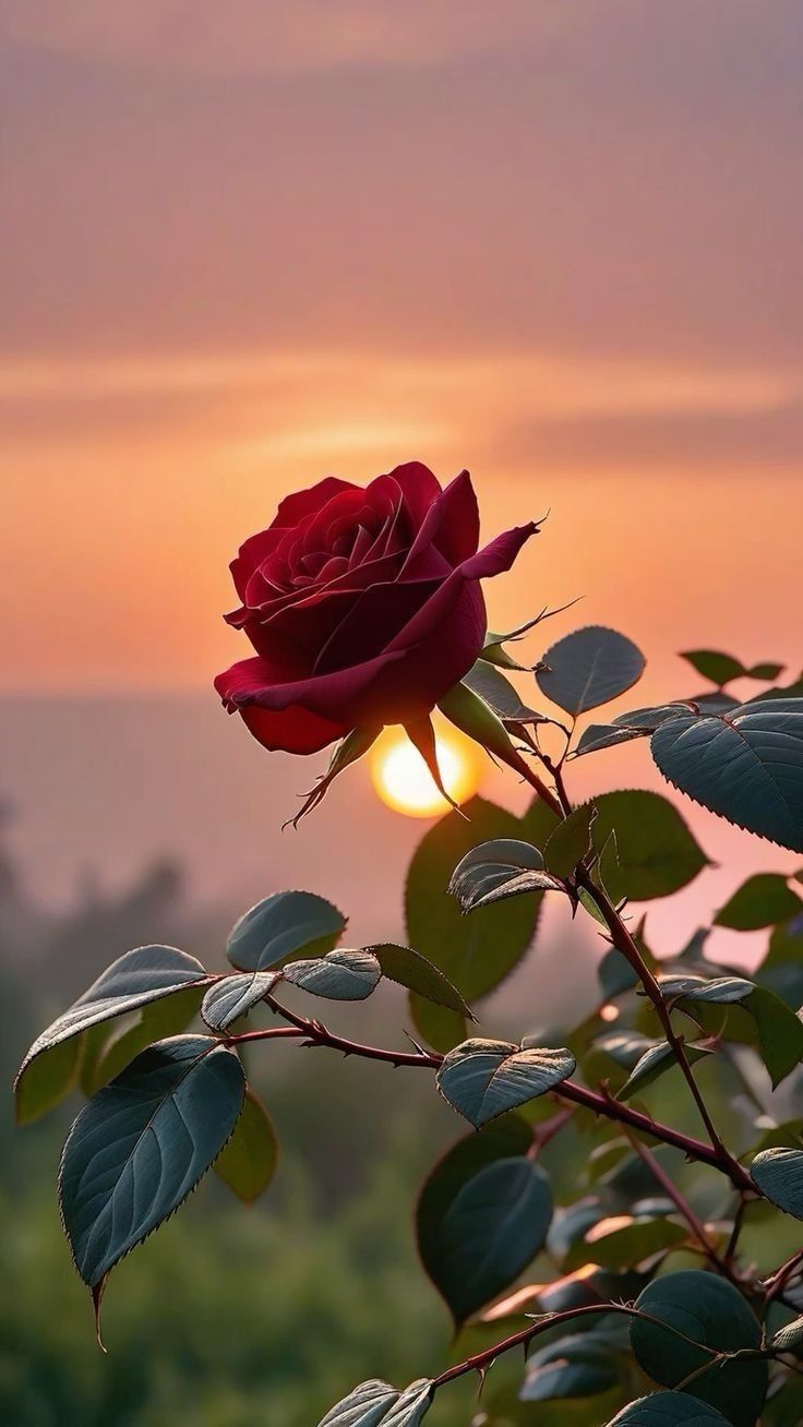 a single red rose sitting on top of a bush with the sun setting in the background