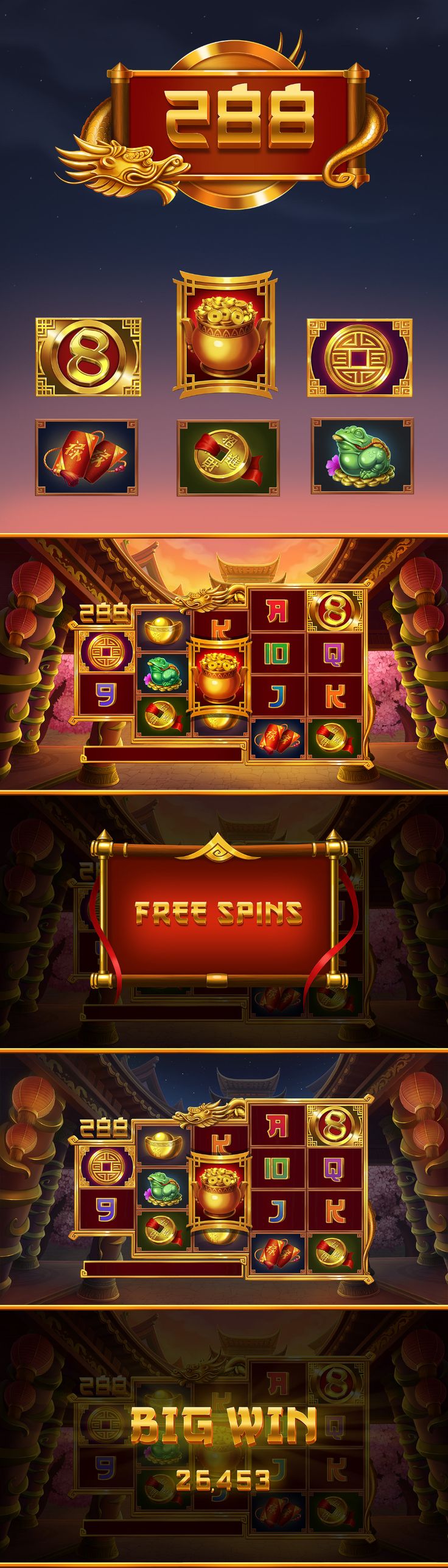 the slot machine for casino games with different symbols and numbers on each side, including two red