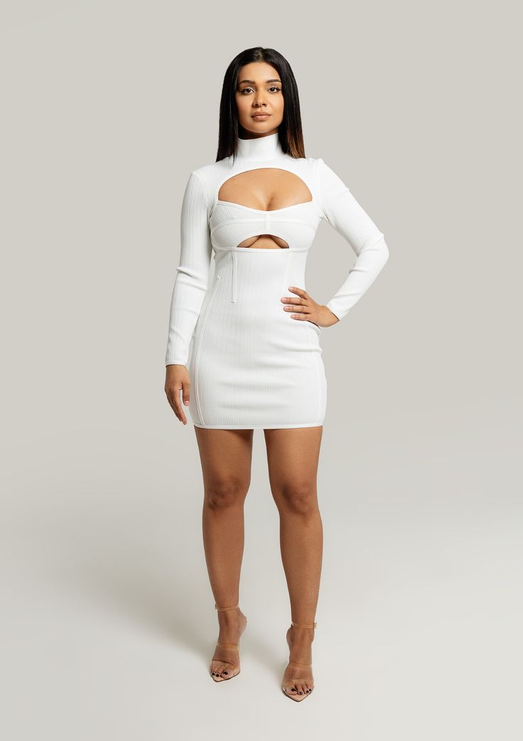 Natalia-Cut-Out-Long-Sleeve-Bodycon-Dress-White-Womens-Fashion-Trend|Vanity-Couture-Boutique Teal Fashion, Sleeve Bodycon Dress, Under Dress, Long Sleeve Bodycon, Long Sleeve Bodycon Dress, Cover Up Dress, Couture Collection, High Collar, Stretchy Material