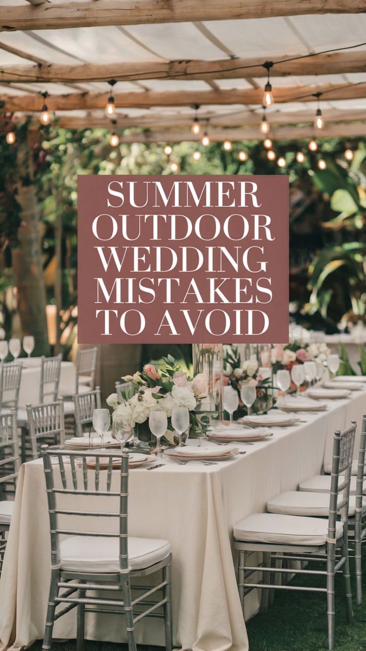 An outdoor summer wedding scene with a table set with centerpieces and dinnerware. Greenery surrounds in the background and an overhead pergola with party lights shine down. Diy Alters Wedding Outdoor Ceremony, June Wedding Ideas Outdoor, Summer Wedding Tips, May Outdoor Wedding, Simple Outdoor Wedding Reception, Summer Wedding Outdoor Ceremony, June Outdoor Wedding, Wedding Ceremony Ideas Outdoor, Wedding Outline