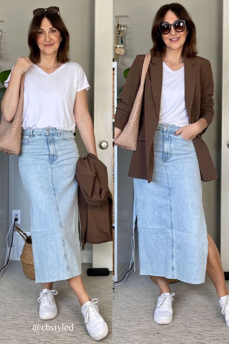 Maxi Denim Skirt Outfit, Sunday Fits, Long Denim Skirt Outfits, How To Style A Denim Skirt, Denim Skirt Outfit Summer, Denim Maxi Skirt Outfit, Denim Midi Skirt Outfit, Long Denim Skirt Outfit, Denim Skirt Outfit