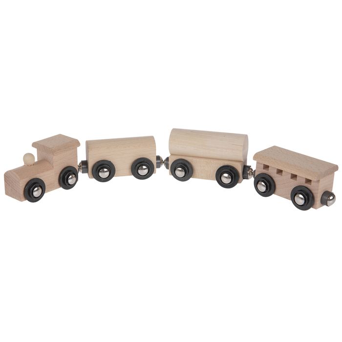 wooden toy train set with black wheels and wood cars for children's room or playroom