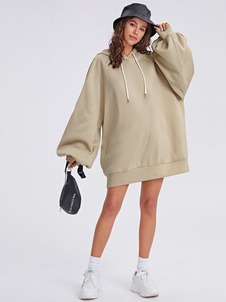 Lantern Sleeve Oversized Hooded Sweatshirt Dress Oversized Hoodie Reference, Slay Clothes, Oversized Sweatshirt Aesthetic, Mini Skirts Fashion, Oversized Hoodie Dress, Drawstring Sleeve, Big Hoodies, Hoodie Sweater Dress, Hooded Sweatshirt Dress