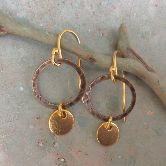 New Earrings 1.3”L Length 18k Gold Plated Wires, 18k Gold Plated Organically Shaped Coin Disc About 7mm Diameter, Hammered Circles Antique Gold Tone Great Gift Idea Handmade In Us Handcrafted Artisan Item One Of A Kind Earrings Simple Minimalist Great Everyday Bestselling Style Holiday Gift Idea Please Review My Other Exclusive Handcrafted Jewelry On Sale Additional 10% Discount With Bundle 2+ Fast Shipping Gold Hoop Earrings With Pierced Copper, Everyday Copper Dangle Earrings, Anniversary Jewelry With Matching Earrings, Pierced Round Recycled Gold Jewelry, Recycled Gold Round Jewelry, Round Recycled Gold Pierced Jewelry, Everyday Copper Drop Earrings, Round Recycled Gold Jewelry, Nickel Free Recycled Gold Earrings For Gift