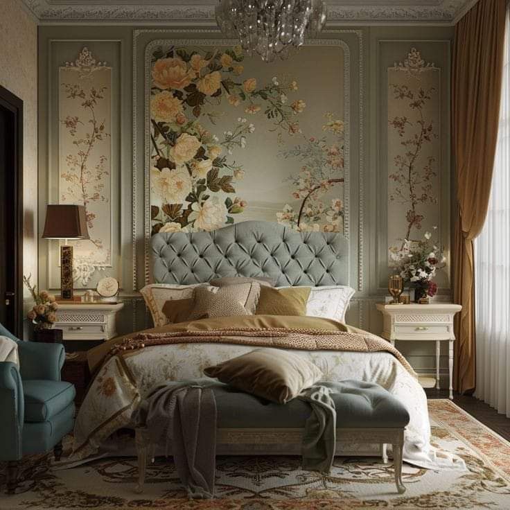 an elegant bedroom with floral wallpaper and chandelier