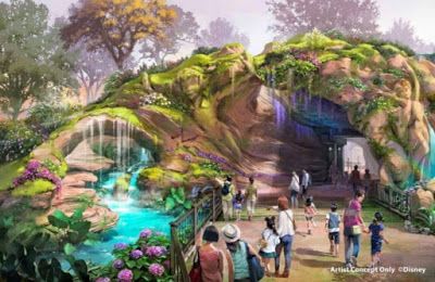 an artist's rendering of a waterfall in the middle of a park with people walking around