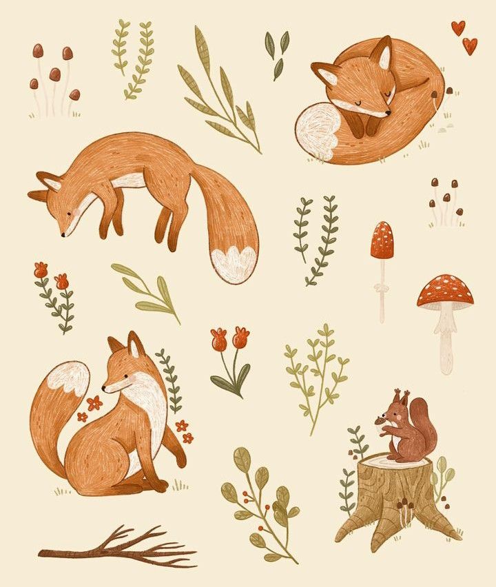 an illustration of foxes and mushrooms on a white background