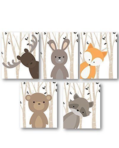 four pictures of animals in the woods with trees and leaves on them, one has an animal