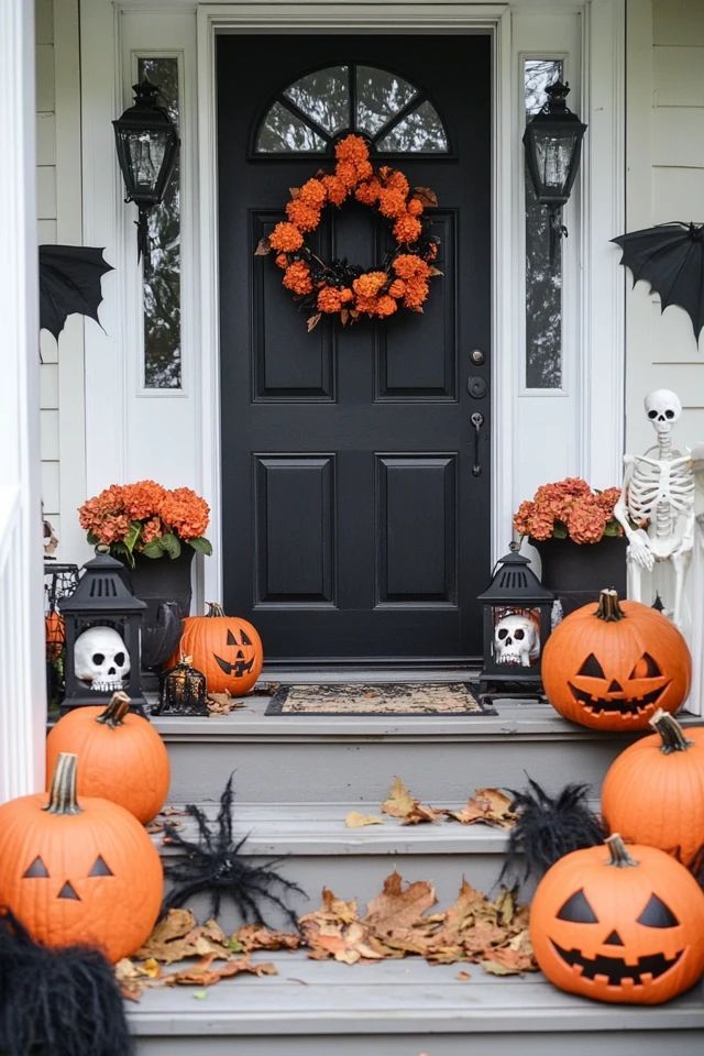 halloween decorations on the front steps of a house with pumpkins and jack - o'- lanterns