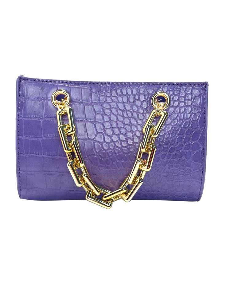 Faux Croc Chain Handle Bag Optional Strap Included Daily Use Chain Clutch, Trendy Shopping Clutch With Chain Strap, Purple Chain Strap Shoulder Bag For Formal Occasions, Formal Purple Shoulder Bag With Chain Strap, Purple Chain Strap Bag For Daily Use, Purple Rectangular Bags With Chain Strap, Purple Everyday Bag With Chain Strap, Rectangular Bag With Gold Chain, Shopping Clutch Box Bag With Chain Strap