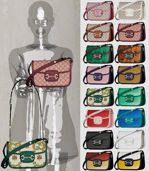 an image of a woman holding a purse in different colors and patterns, with multiple variations of the same handbag