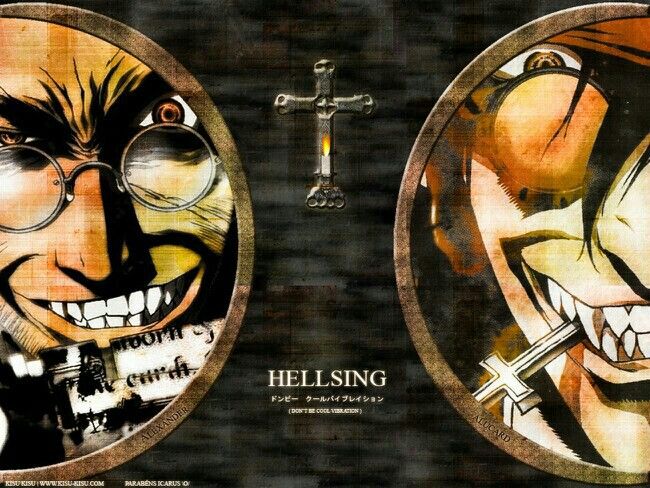 an image of two cartoon faces with cross on the other side and words hellsing above them