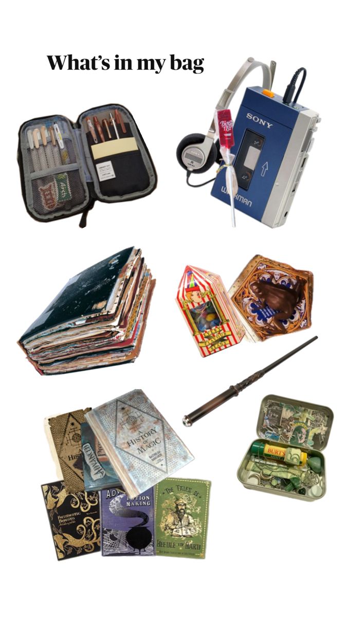 the contents of a travel bag are shown in this image, including pens and pencils