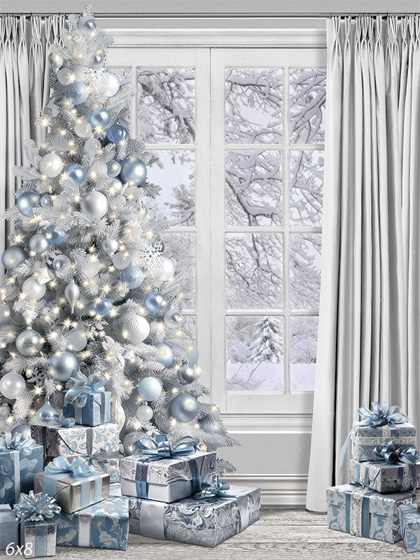 Winter Wonderland Silver and Blue Christmas Photography Backdrop - Elegant silver and blue Christmas tree with wrapped presents and a snowy landscape visible through a window. Christmas Centerpieces Blue And Silver, Silver White Blue Christmas Tree, Powder Blue Christmas Tree, White Silver Light Blue Christmas Tree, Office Christmas Decorations Winter Wonderland, Winter Wonderland Sneaker Ball, Winter Wonderland Office Decorations White Christmas, Winter Wonderland Christmas Trees, White Christmas Tree With Blue Decor