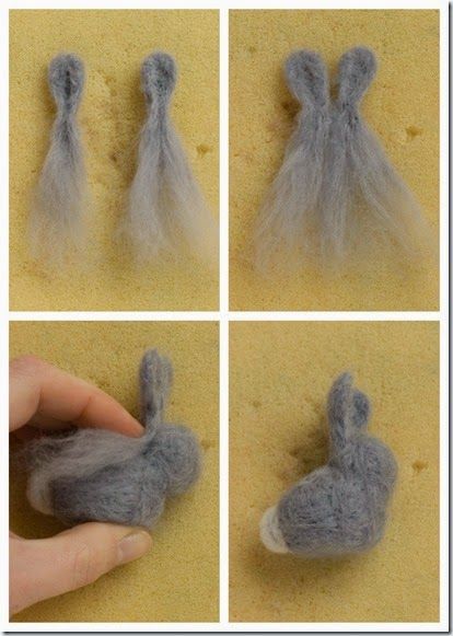 four pictures of different things made out of wool and felt, including a hand holding the yarn