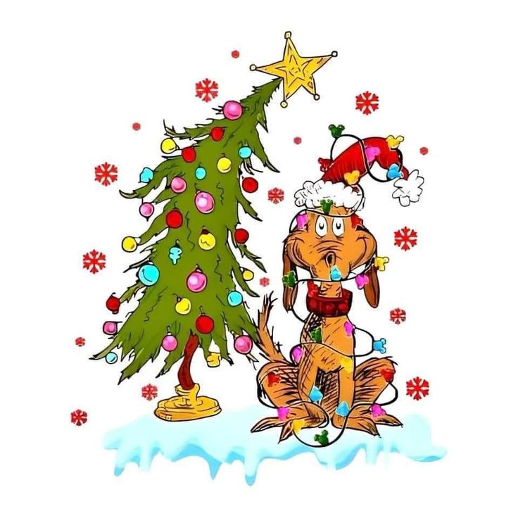 a cartoon dog sitting next to a christmas tree