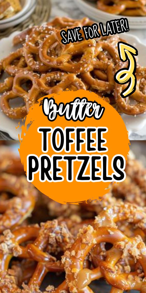 some pretzels are sitting on plates with the words butter toffe pretzels