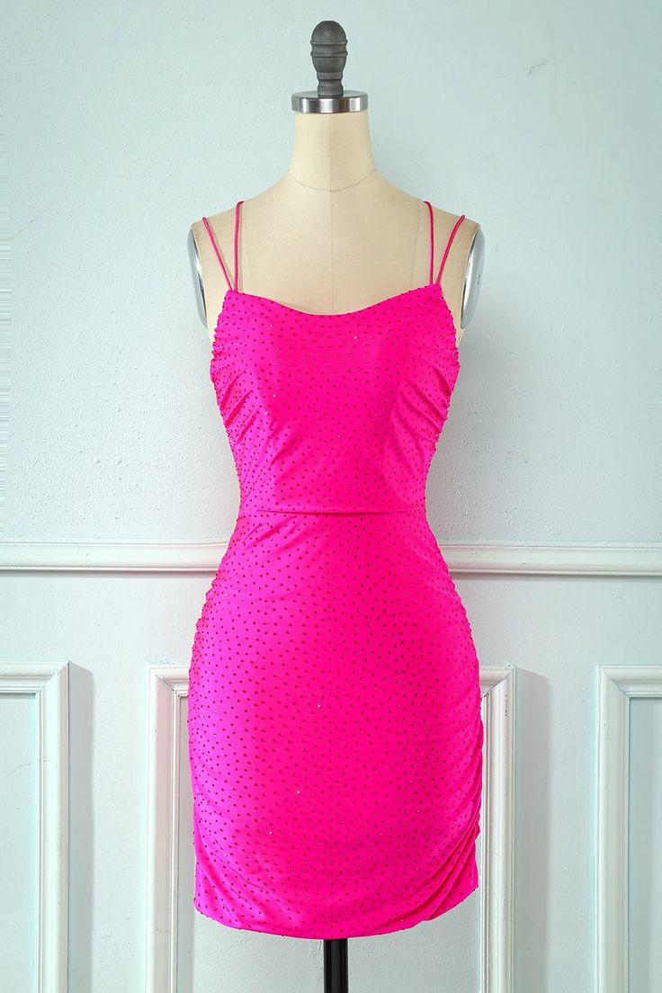 ZAPAKA Tight Homecoming Dress Spaghetti Straps Rose Pink Lace Up Bodycon Short Party Dress Neon Homecoming, Tight Homecoming Dress, Lovely Partner, Tight Mini Dress, Pink Homecoming Dress, Dress Occasion, Evening Dresses Cocktail, Homecoming Dresses Black, Sophisticated Dress