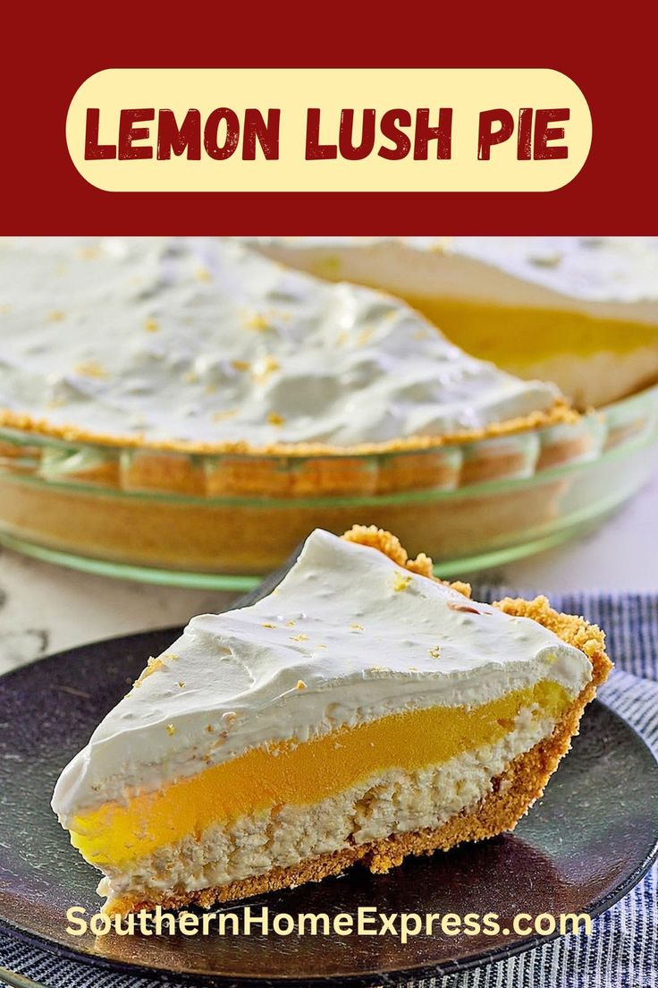 a lemon lush pie on a plate with the rest of the pie in the background